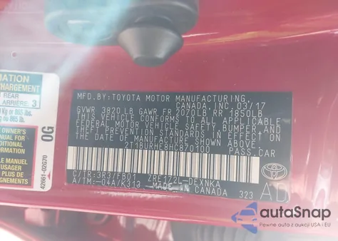 2017 Toyota Corolla Le z USA, uszkodzony, nr VIN 2T1BURHE8HC870100